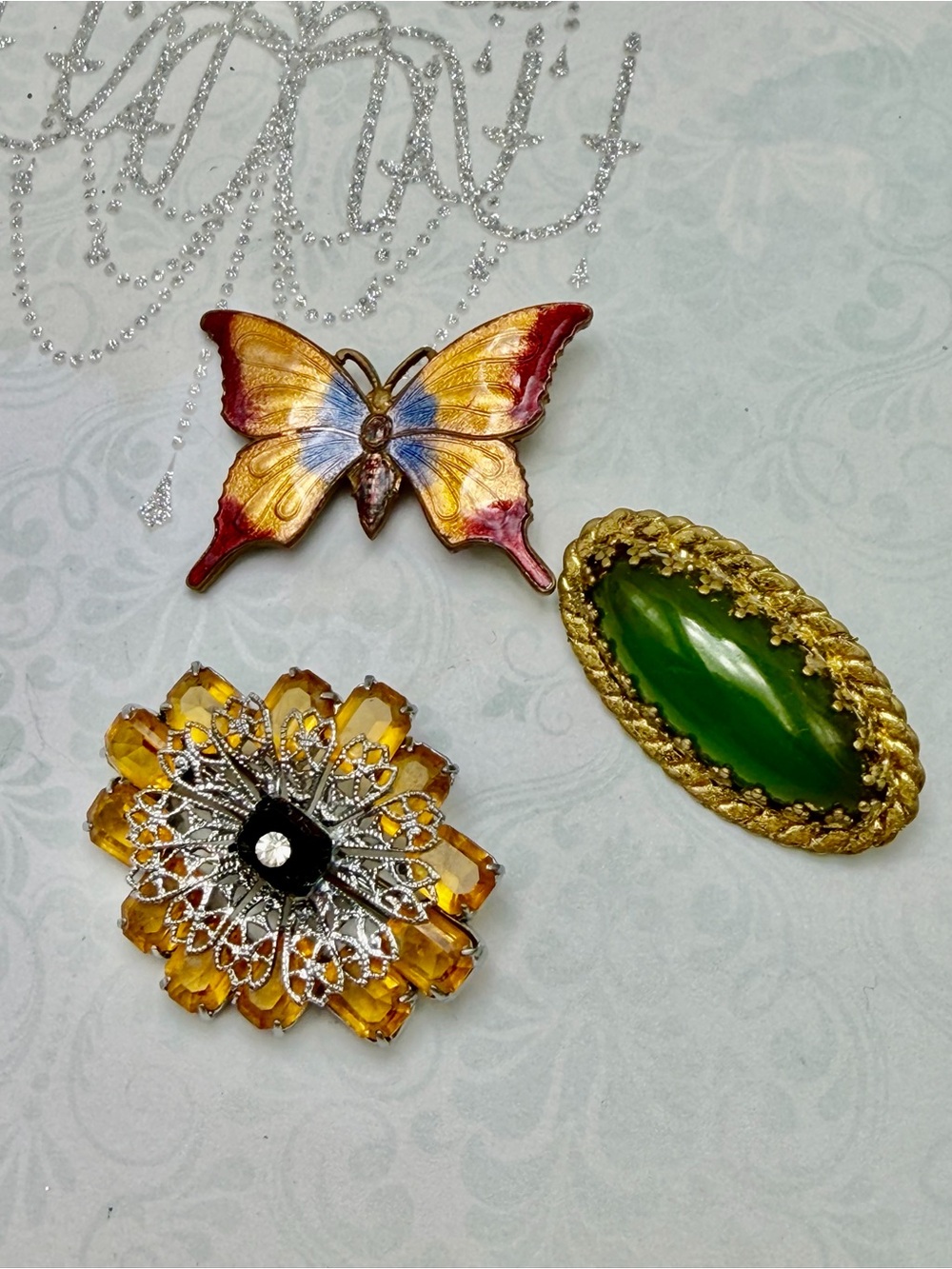 Vintage Butterfly and Gemstone Brooch Set - #cz775